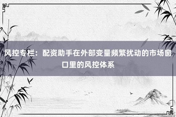 风控专栏：配资助手在外部变量频繁扰动的市场窗口里的风控体系